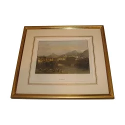 Engraving under glass in color, Geneva, with wooden frame …