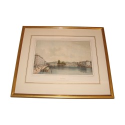Gravure couleur, Genève - vue prise des Bains du Rhône, avec …