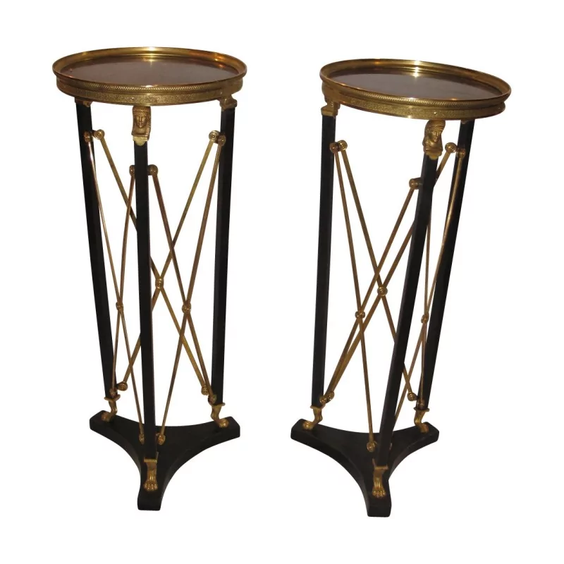 Pair of Empire style pedestal tables in patinated and gilded bronze - Moinat - End tables, Bouillotte tables, Bedside tables, Pedestal tables