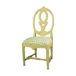 Chaise en bois sculpté peint blanc antique, recouverte de …