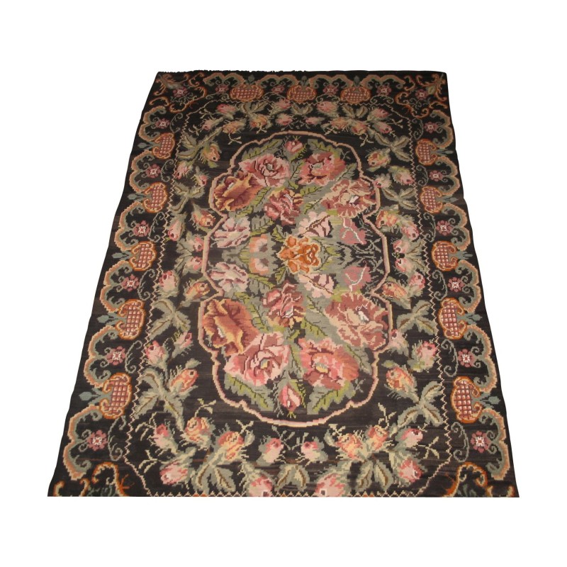 Kelim rug, Iran, black with floral pattern, handwoven. - Moinat - Rugs Kelim rug, Iran, black with floral pattern, handwoven. - Moinat - Rugs