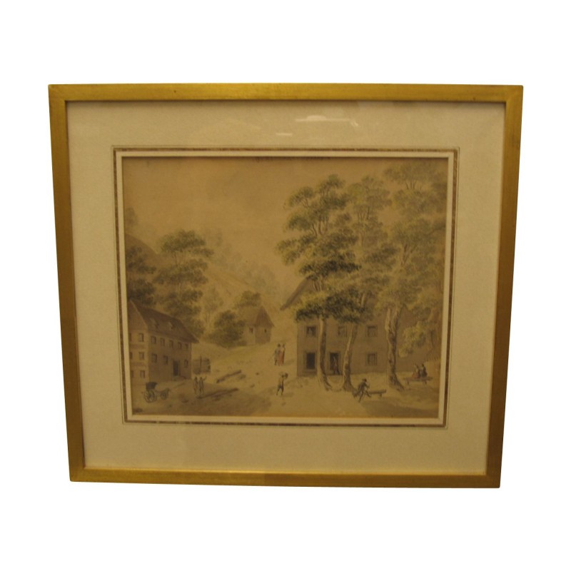水彩画“有人物的村庄”,玻璃下有…… - Moinat - 画 - 景观 水彩画“有人物的村庄”,玻璃下有…… - Moinat - 画 - 景观