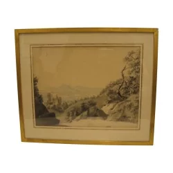 幅水彩画“废墟景观”。 19世纪时期。