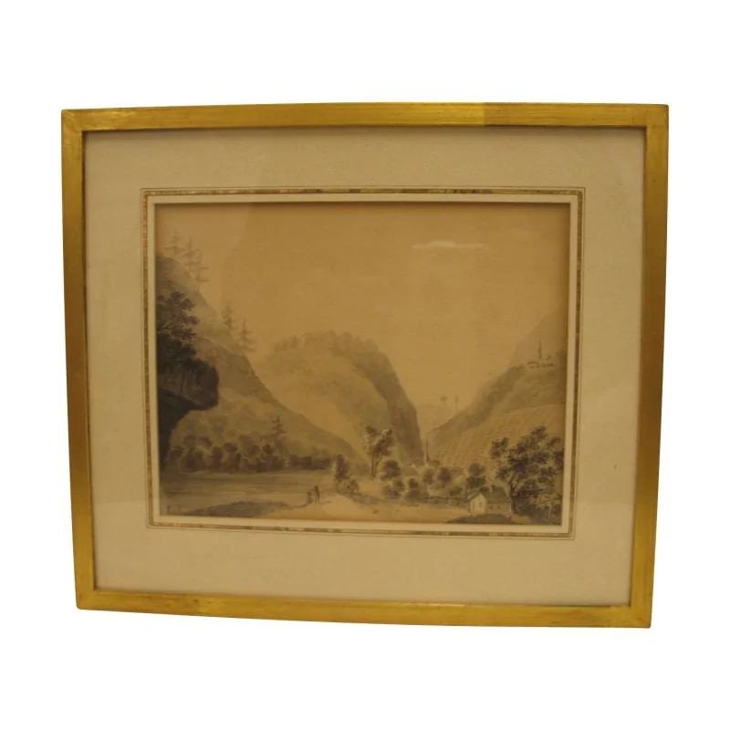 Watercolor “Village with river” under glass with wooden frame … - Moinat - VE2022/1
