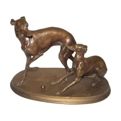 Bronze “2 lévriers jouant”, signé Mené. France, 19ème siècle.