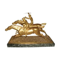 Bronze “Racehorses with jockeys”, golden patina with …