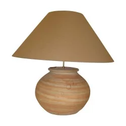 painted terracotta lamp with brown shade.