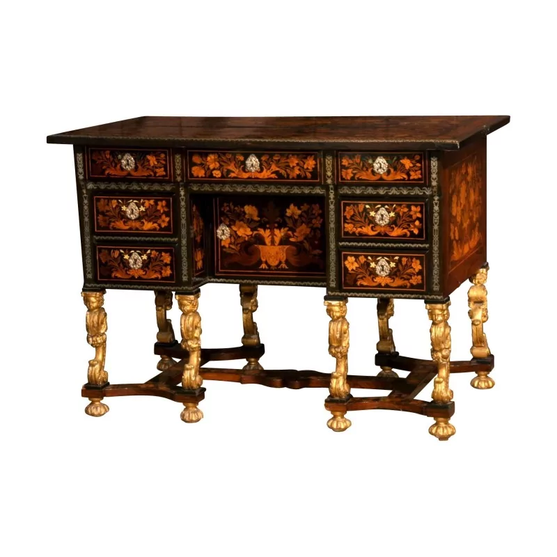张 Mazarin 办公桌，镶嵌黑木和雕刻木腿 - Moinat - Desks : cylinder, leaf, 写字桌
