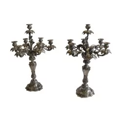 Pair of 7-light chiselled and silvered metal candlesticks. Era …