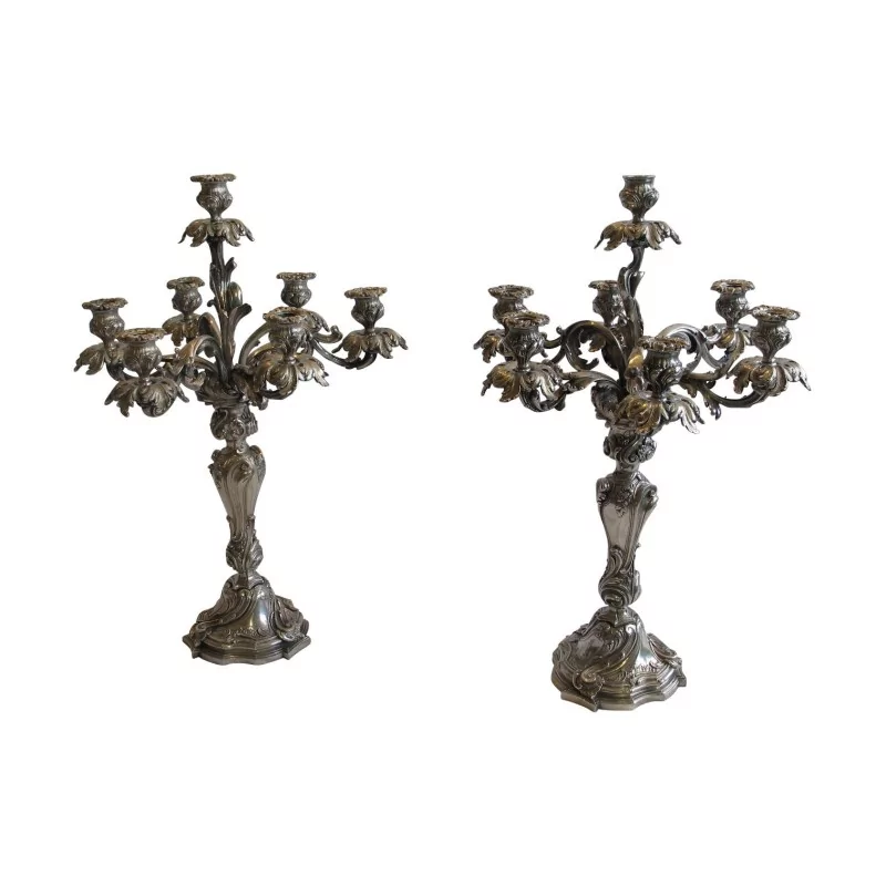 Pair of 7-light chiselled and silvered metal candlesticks. Era … - Moinat - Candleholders, Candlesticks