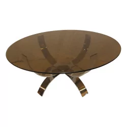 chrome art-deco pedestal table with smoked glass top. Era …