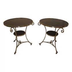 Pair of pedestal tables with “Crosses” in chiseled and silvered bronze