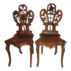 Pair of Brienz chairs in carved wood “Roses”. Swiss, …