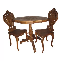 Brienz set, 1 table and 2 carved wooden chairs
