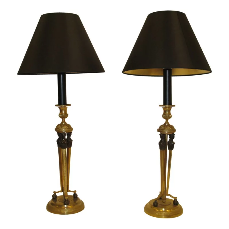 Pair of Empire style candlesticks in chiseled and gilded bronze … - Moinat - Table lamps