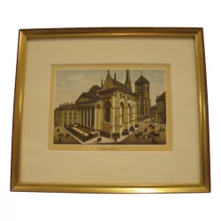 Color engraving of The Cathedral in Geneva, under glass with …