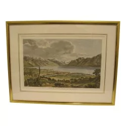 彩色玻璃下雕刻：沃韦景观和……湖景