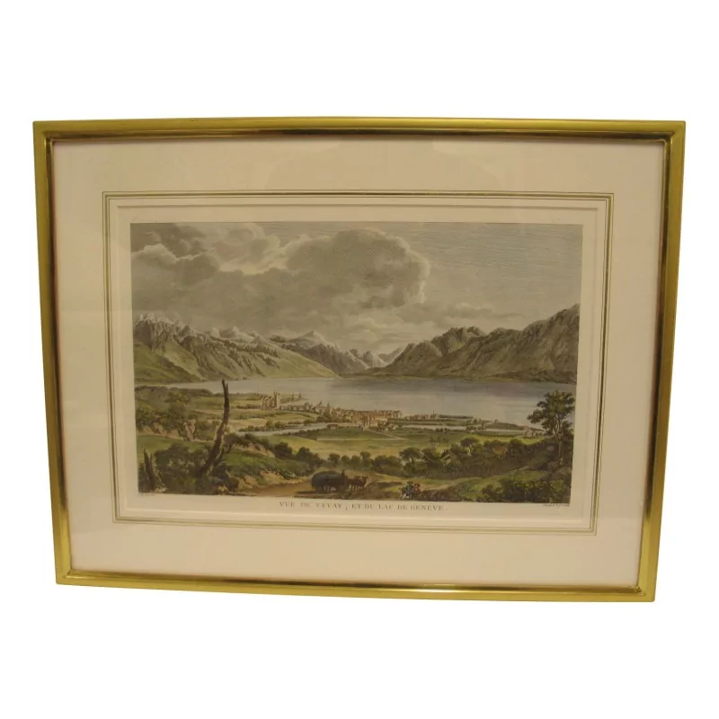 彩色玻璃下雕刻：沃韦景观和……湖景 - Moinat - 版画