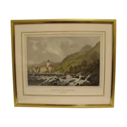 color engraving of the Château de Chillon, under glass with frame …