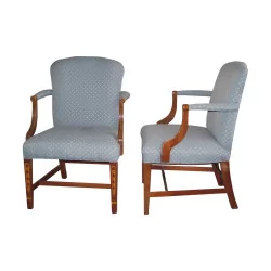 Pair of mahogany armchairs covered with blue fabric …