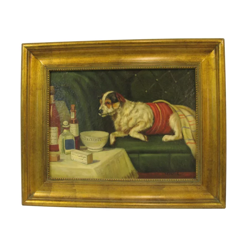 Tisch, Öl auf Holz „Hund auf Sofa“. - Moinat - Gemälden - Verschieden