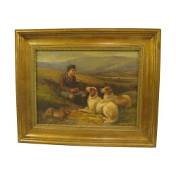 桌子，木头油画“猎人和他的狗”。