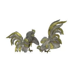 Pair of chased silver fighting roosters, 2316gr. Porto, after...