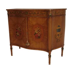 Pair of curved 2-door satin sideboards with floral decoration