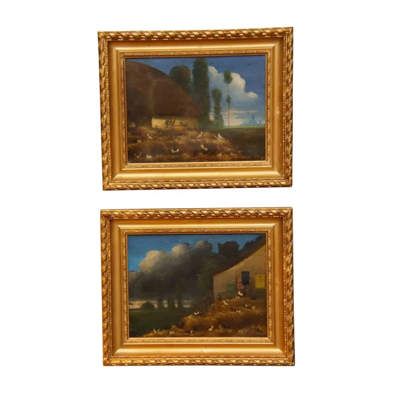 Paire de tableaux, huile sur toile “Les Poules”, signé V. … - Moinat - VE2022/1