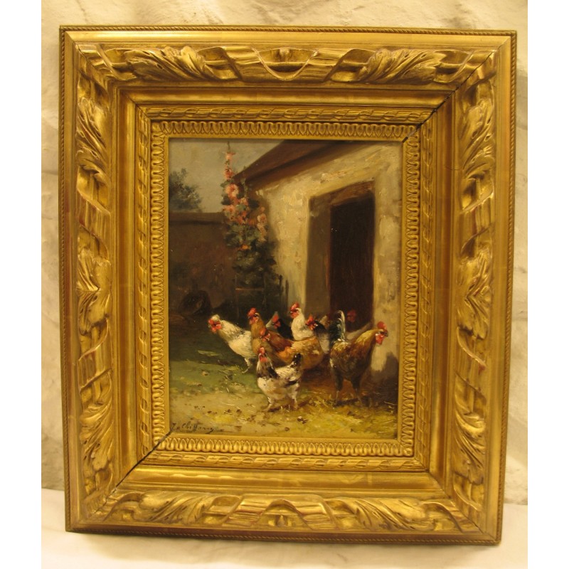 Tableau, huile sur bois “Les poules sortant du poulailler”, … - Moinat - Tableaux - Divers Tableau, huile sur bois “Les poules sortant du poulailler”, … - Moinat - Tableaux - Divers