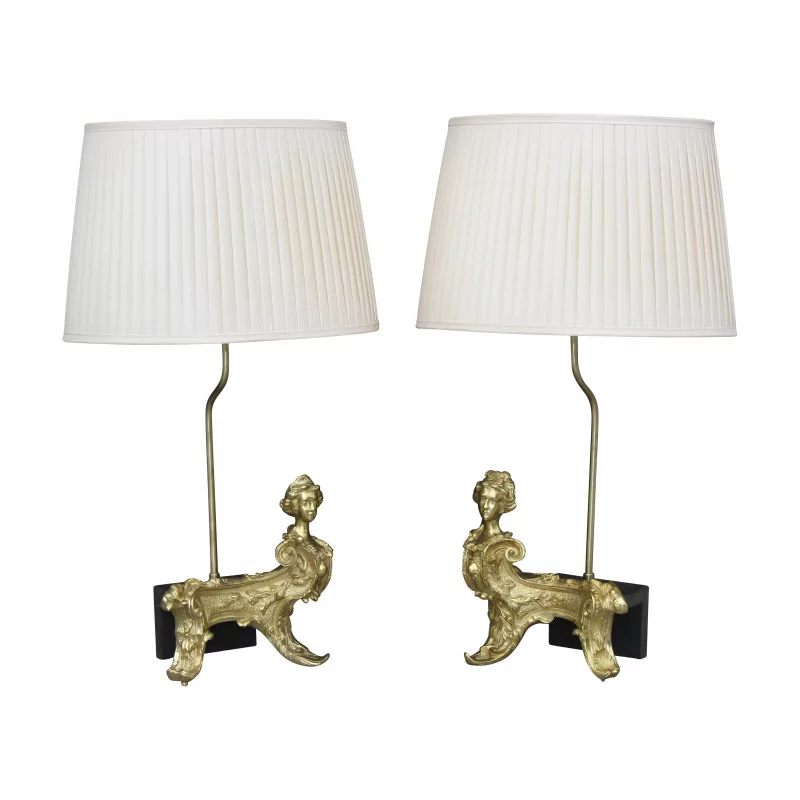 Pair of andirons mounted as a lamp. Louis XVI Empire “Heads of … - Moinat - Table lamps