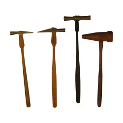 Lot of 4 old hammers with wooden handle.