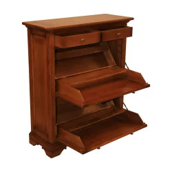cherry wood shoe cabinet with 2 drawers and 2 compartments.