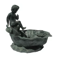 Petit bassin ou bain à oiseaux en bronze patiné vert avec …