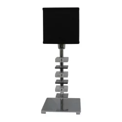 chrome lamp with crystal and black square lampshade.