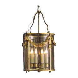 Louis XVI style “Laurier” round lantern in hand-gilt iron …