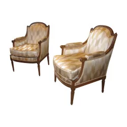 Pair of Louis XVI wing chairs flat back in carved beech, …