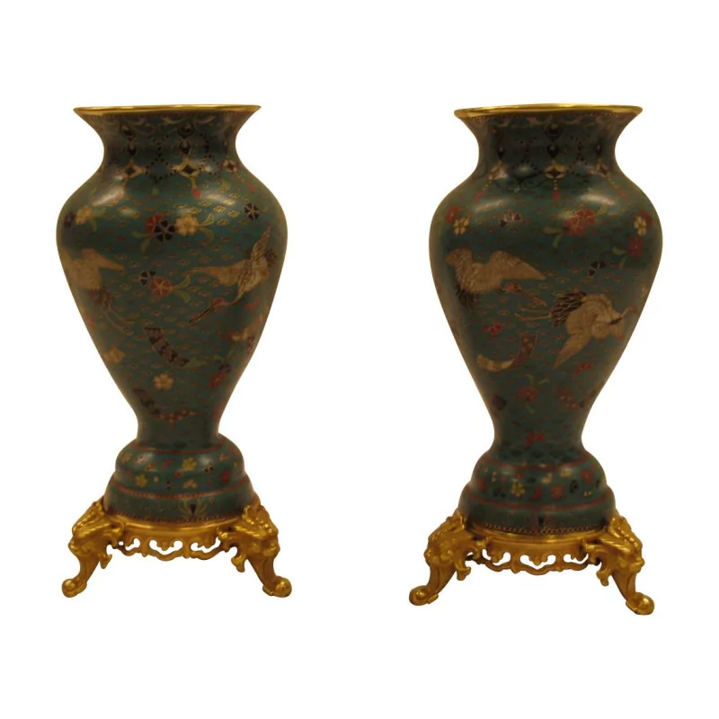 Pair of blue cloisonné vases with floral decoration and birds … - Moinat - Boxes, Urns, Vases