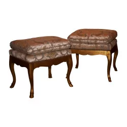 2 Stools forming a pair, Louis XV in walnut with wooden legs