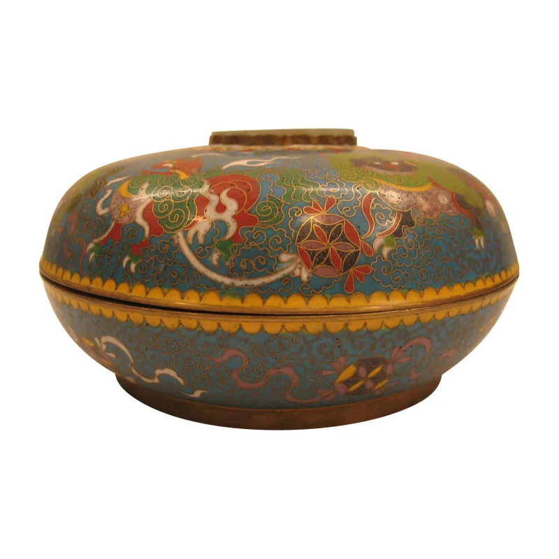 multicolored cloisonné candy box with blue and jade background on … - Moinat - Boxes, Urns, Vases