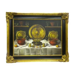“Still Life” painting, with brown and gold frame.