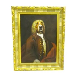 \"Dog Portrait\" painting, with black and gold frame.