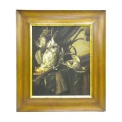 “Hunting Still Life” painting, with wood and gold frame.