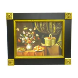 “Still Life” painting, with black and gold frame,