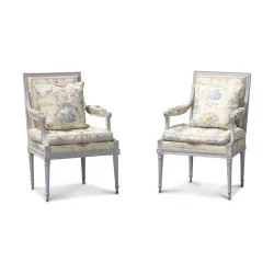 Pair of Louis XVI armchairs with cushions, covered with Lampas …