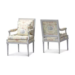 Paire de fauteuils Louis XVI à coussins, recouvert de Lampas …