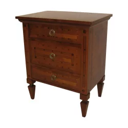 inlaid bedside table in cherry wood with 3 drawers.
