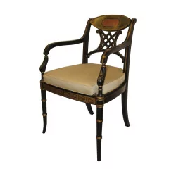 englischer Sessel aus schwarzem und goldenem Holz mit bemalter Dekoration auf der …