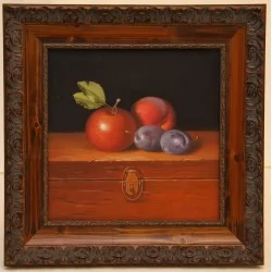 桌静物与水果与木框。