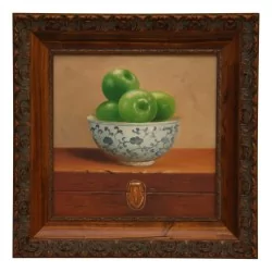 桌静物与水果与木框。